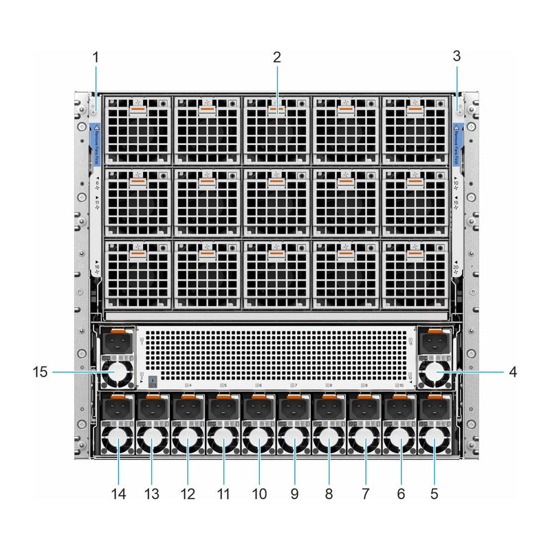 Dell PowerEdge XE9780 rear view, GPU fans and 12 PSUs