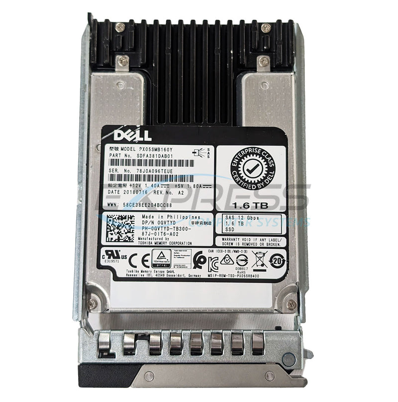 Dell 2.5" 1.6TB SAS 12Gbps WI 512n Px05Sm, 10 DWPD SSD | GVTYD
