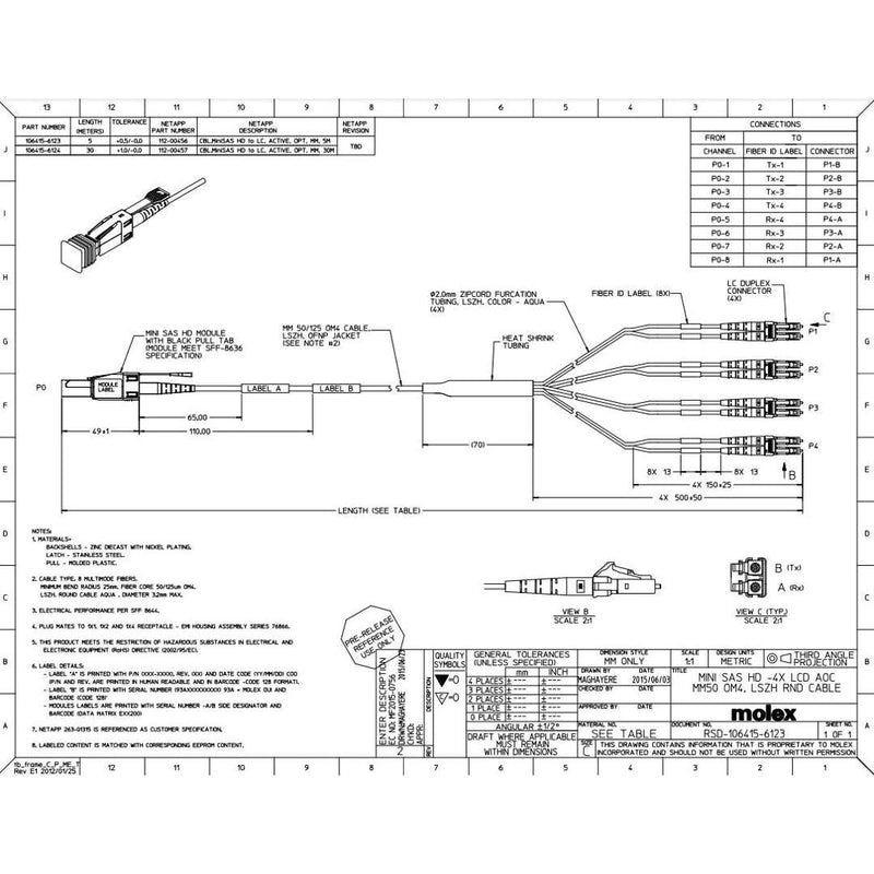 NetApp X66047A - 5m Data Cable with Plug MiniSAS HD/4xLC | Opt, miniSAS HD/LC, OM4,