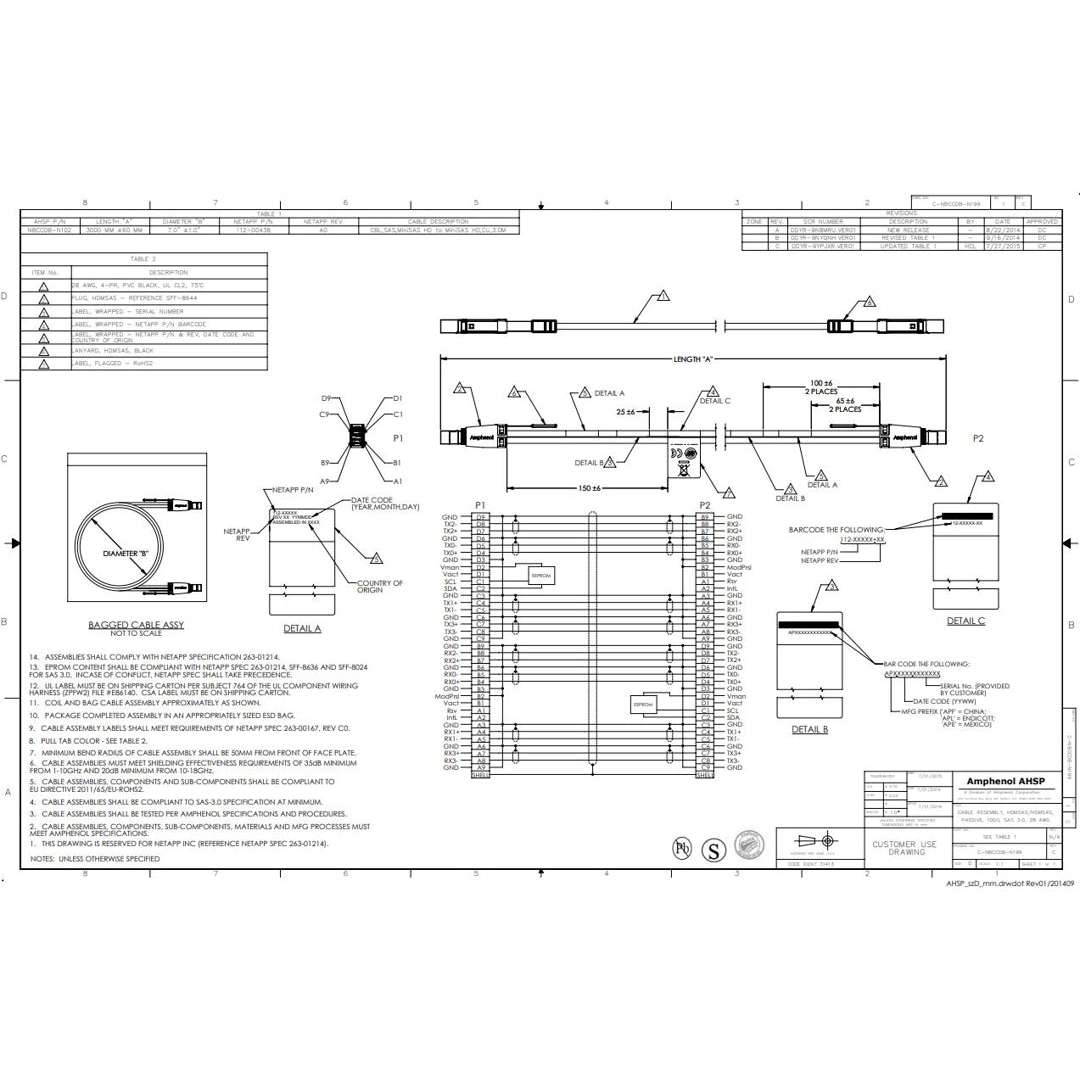 NetApp X66033A - 3m Data Cable with Plug MiniSAS HD/MiniSAS HD | miniSAS HD/miniSAS HD,