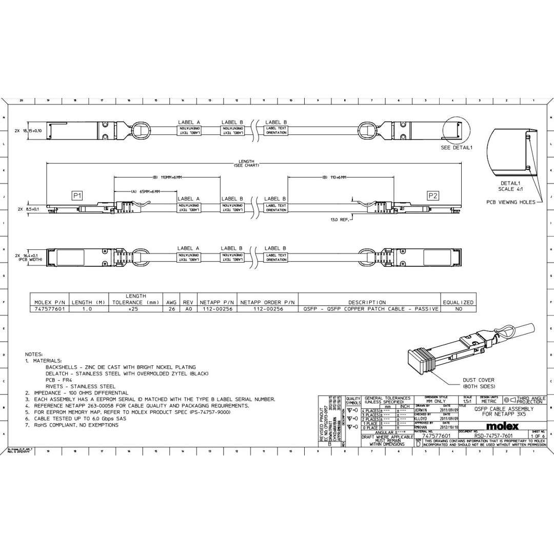 NetApp X6594-R6 - 1m Data Cable with Plug QSFP/QSFP | SAS Cntlr-Shelf/Shelf-Shelf/HA,