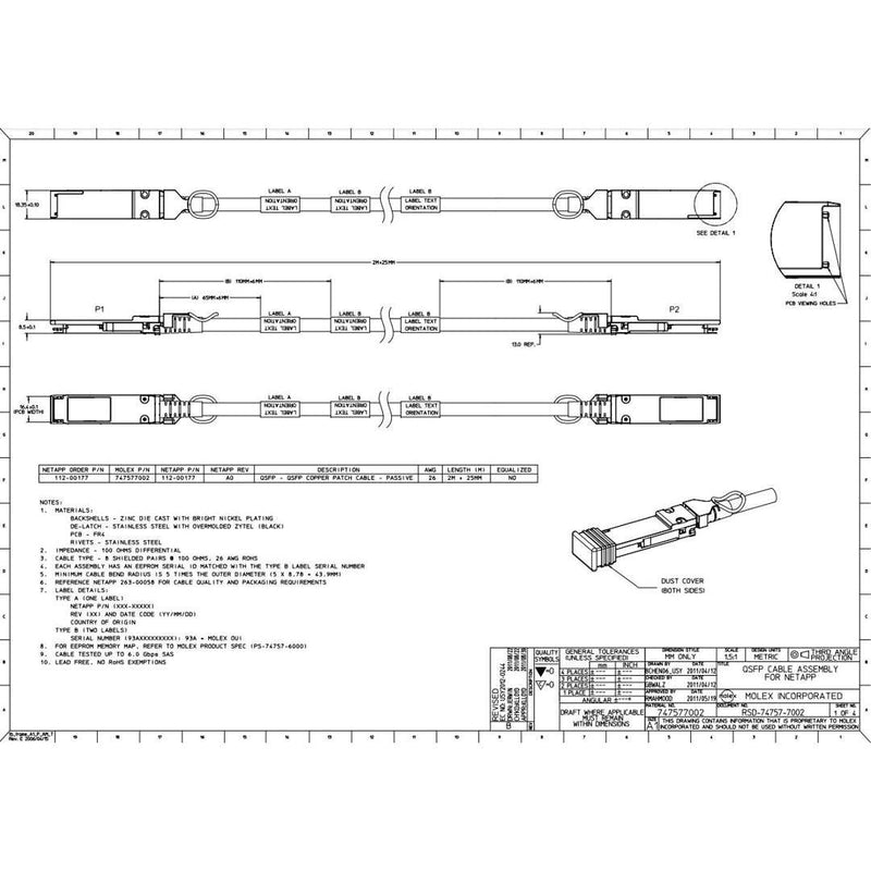 NetApp X6558-R6 - 2m Data Cable with Plug QSFP/QSFP | SAS Cntlr-Shelf/Shelf-Shelf/HA,