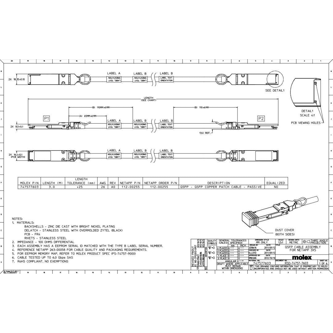 NetApp X6595-R6 - 3m Data Cable with Plug QSFP/QSFP | SAS Cntlr-Shelf/Shelf-Shelf/HA,