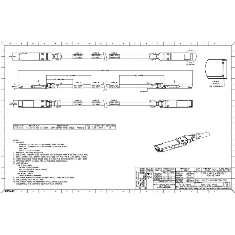 NetApp X6559-R6 - 5m Data Cable with Plug QSFP/QSFP | SAS Cntlr-Shelf/Shelf-Shelf/HA,