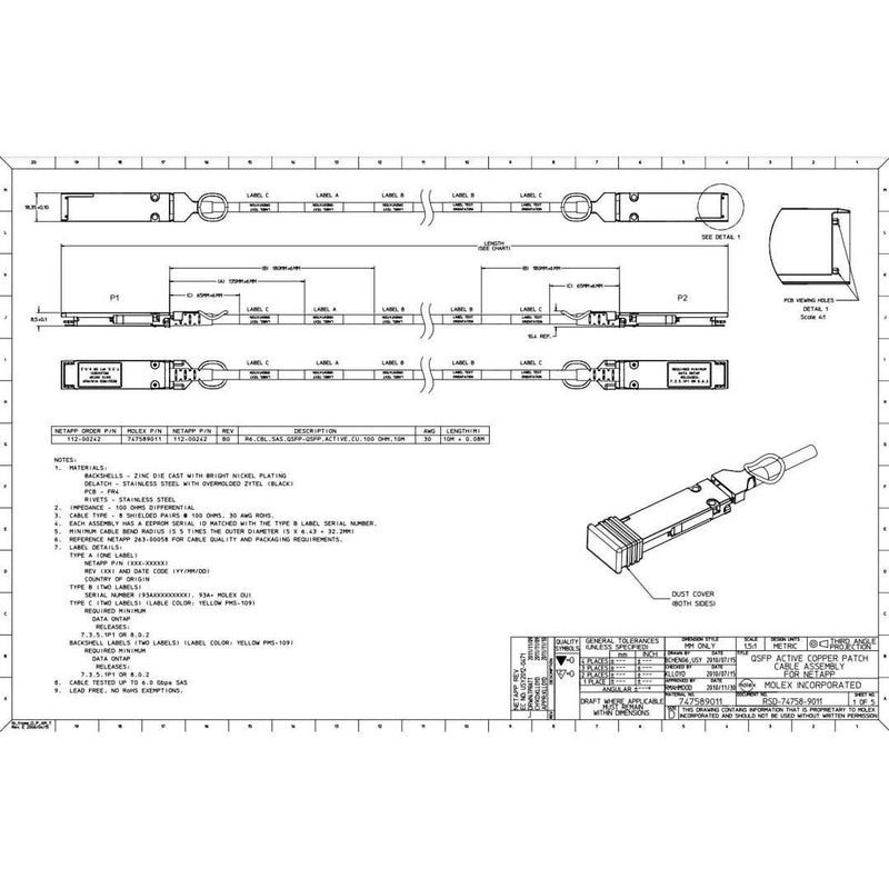 NetApp X6590-R6 - 10m Data Cable with Plug QSFP/QSFP | SAS Cntlr-Shelf/Shelf-Shelf, Active,