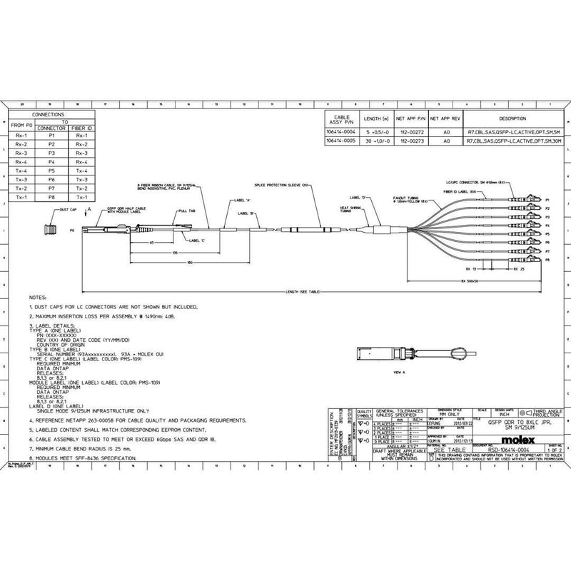 NetApp X66015A-R6 - 30m Data Cable with Plug QSFP/8x Simplex LC | Cntlr/Shelf-PatchP, OS1, QSFP/LC,