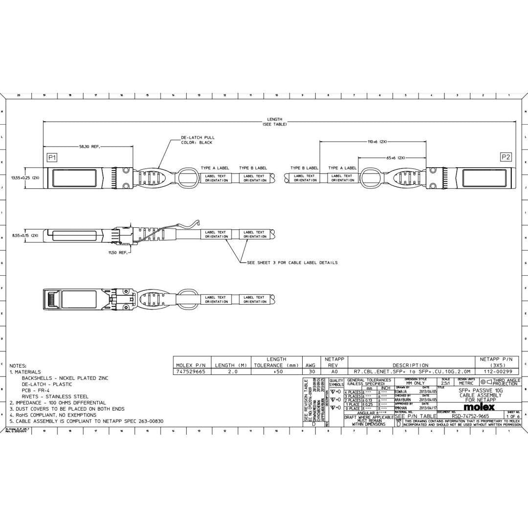 NetApp X6566B-2-R6 - 2m Data Cable with Plug SFP+/SFP+ | Cu, Twinax, 10Gb, SFP+/SFP+,