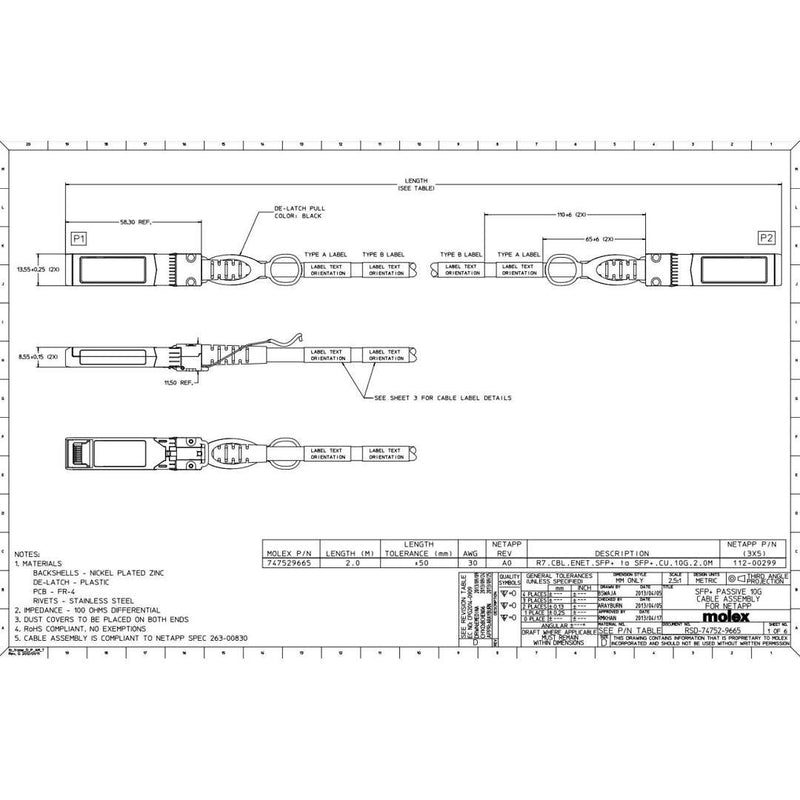 NetApp X6566B-2-R6 - 2m Data Cable with Plug SFP+/SFP+ | Cu, Twinax, 10Gb, SFP+/SFP+,
