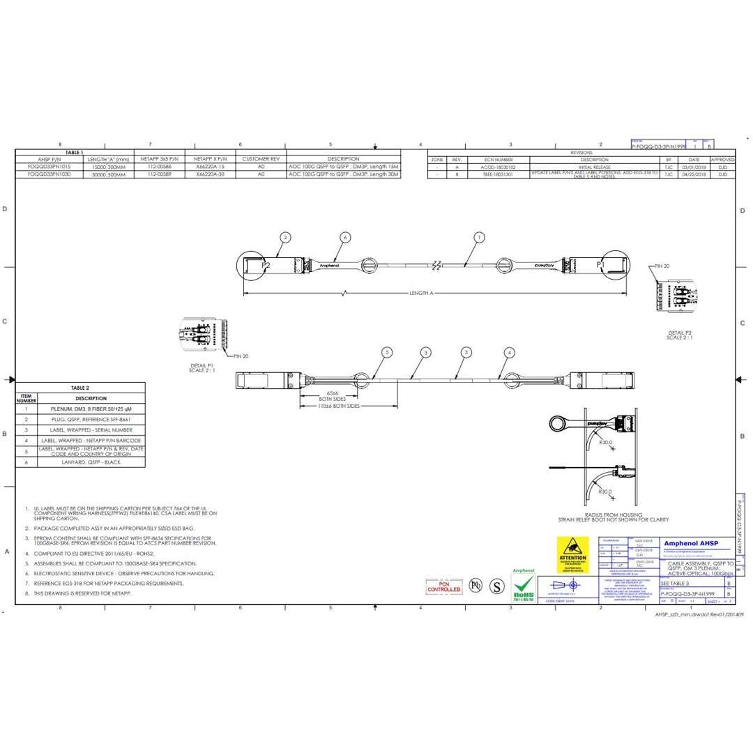 NetApp X66220A-15 - 15m Data Cable with Plug QSFP28/QSFP28 | QSFP28-QSFP28, AOC,