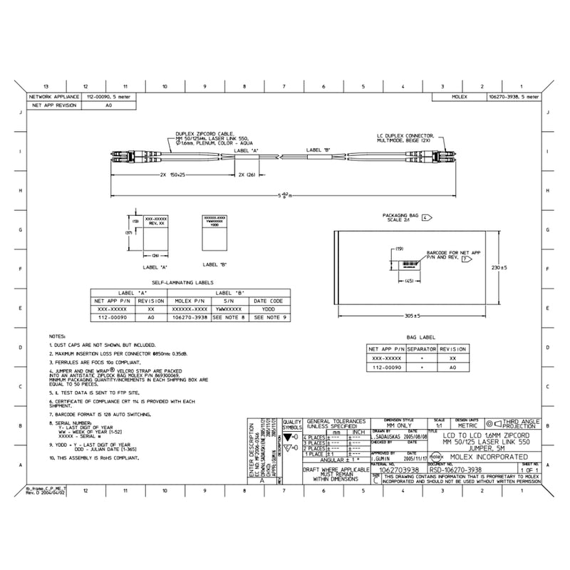 NetApp X6547-R6 5m OM3 Fiber Optic Data Cable with Port LC/SC 50µm