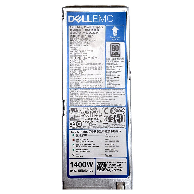 Dell Platinum 80+ 1400W Reverse Air Flow (RAF) 60mm Power Supply Unit (PSU) | C6T8M