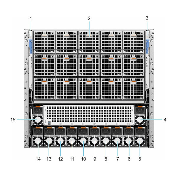 Dell PowerEdge XE9780 rear view, GPU fans and 12 PSUs