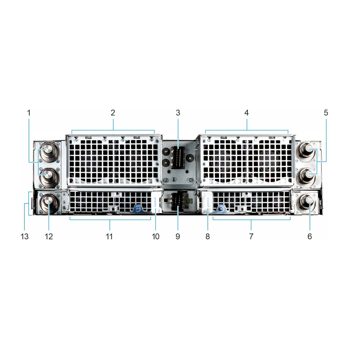 Dell PowerEdge XE9785L rear view, liquid-cooling quick disconnects and fans