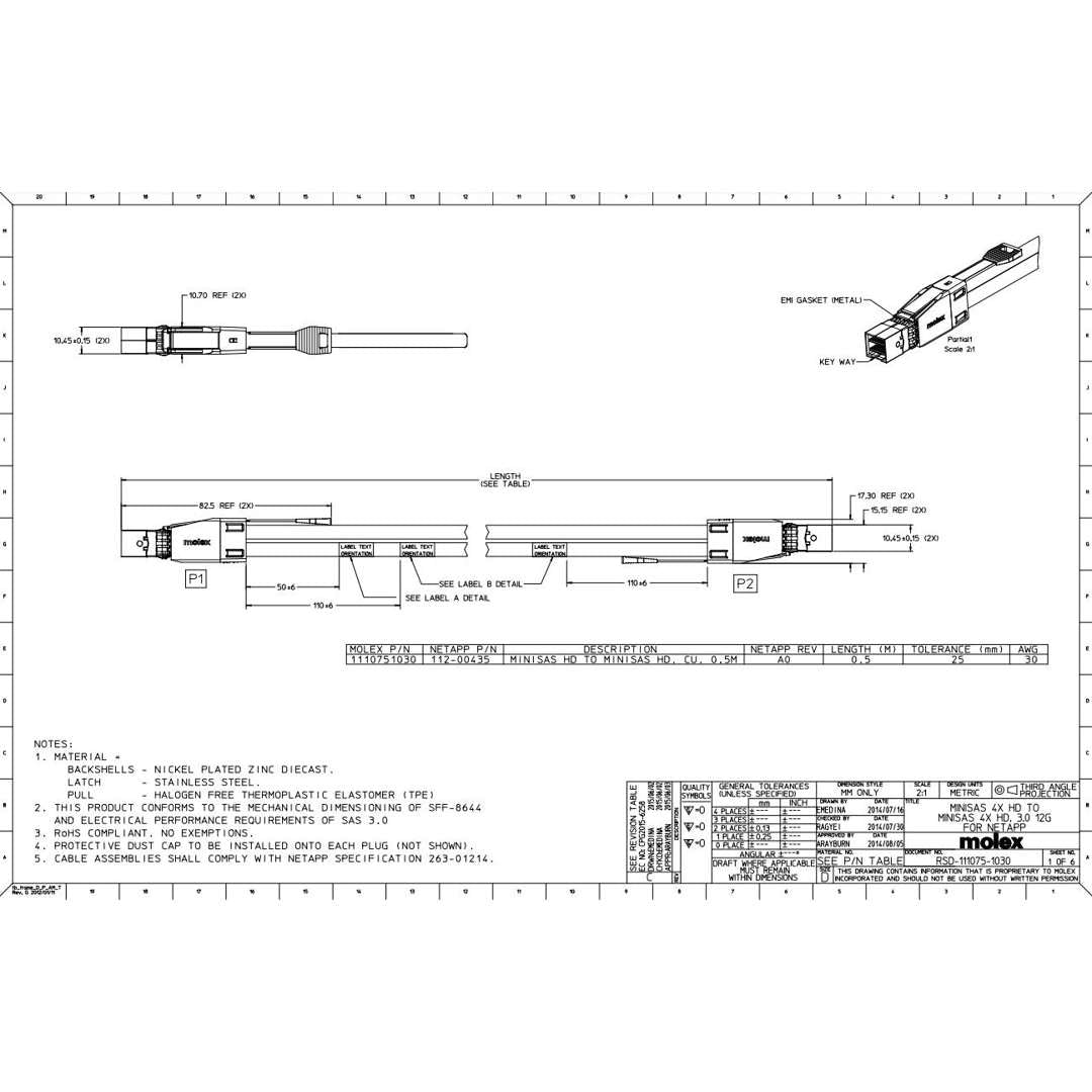 NetApp X66030A - 0.5m Data Cable with Plug MiniSAS HD/MiniSAS HD | miniSAS HD/miniSAS HD,
