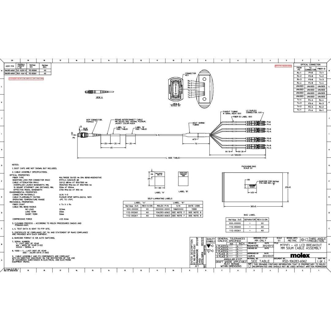 NetApp X66008A-R6 - 5m Data Cable with Plug QSFP/4xLC | Cntlr/Shelf-PatchP, OM4, QSFP-LC,