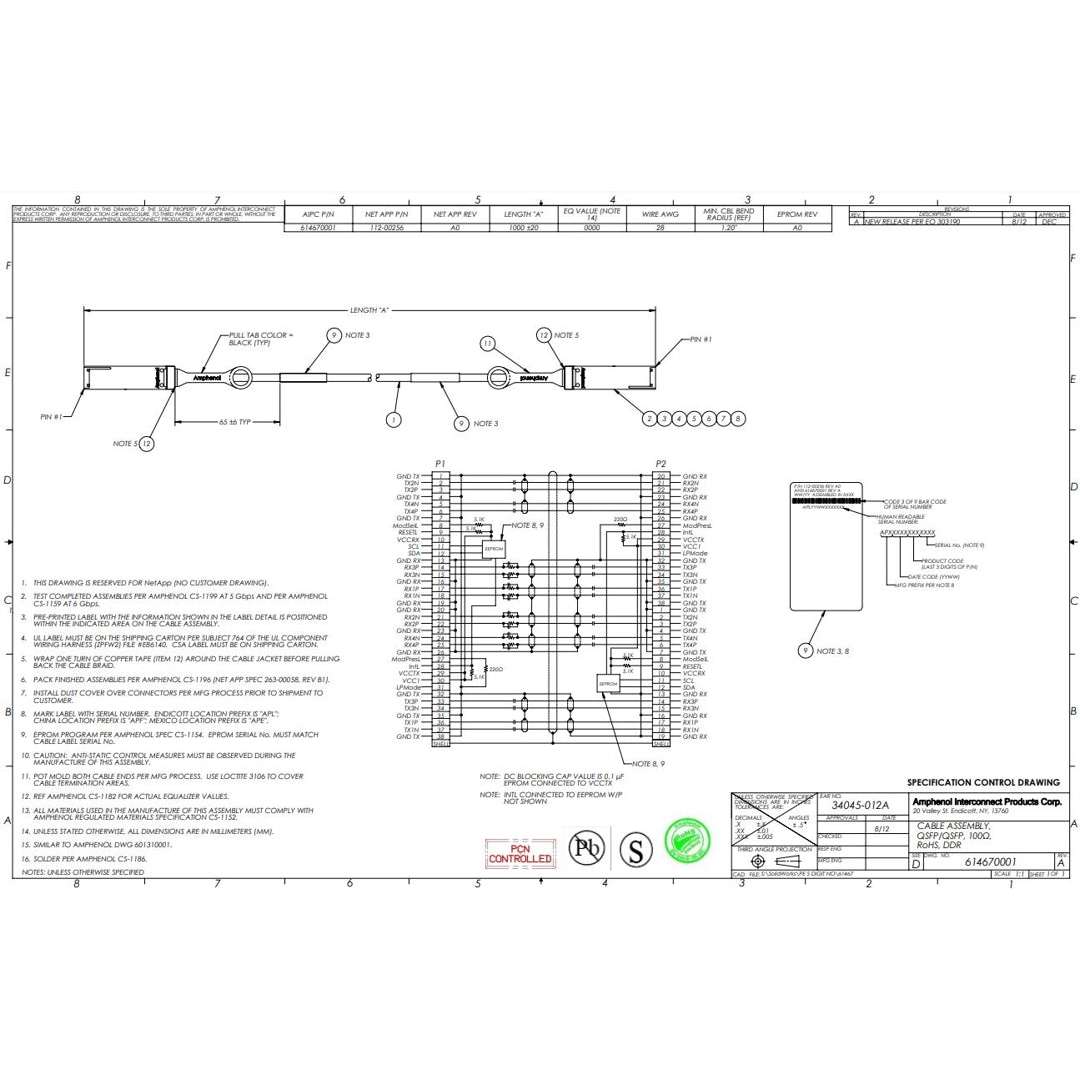 NetApp X6594-R6 - 1m Data Cable with Plug QSFP/QSFP | SAS Cntlr-Shelf/Shelf-Shelf/HA,