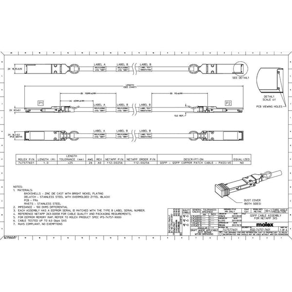 NetApp X6594-R6 - 1m Data Cable with Plug QSFP/QSFP | SAS Cntlr-Shelf/Shelf-Shelf/HA,