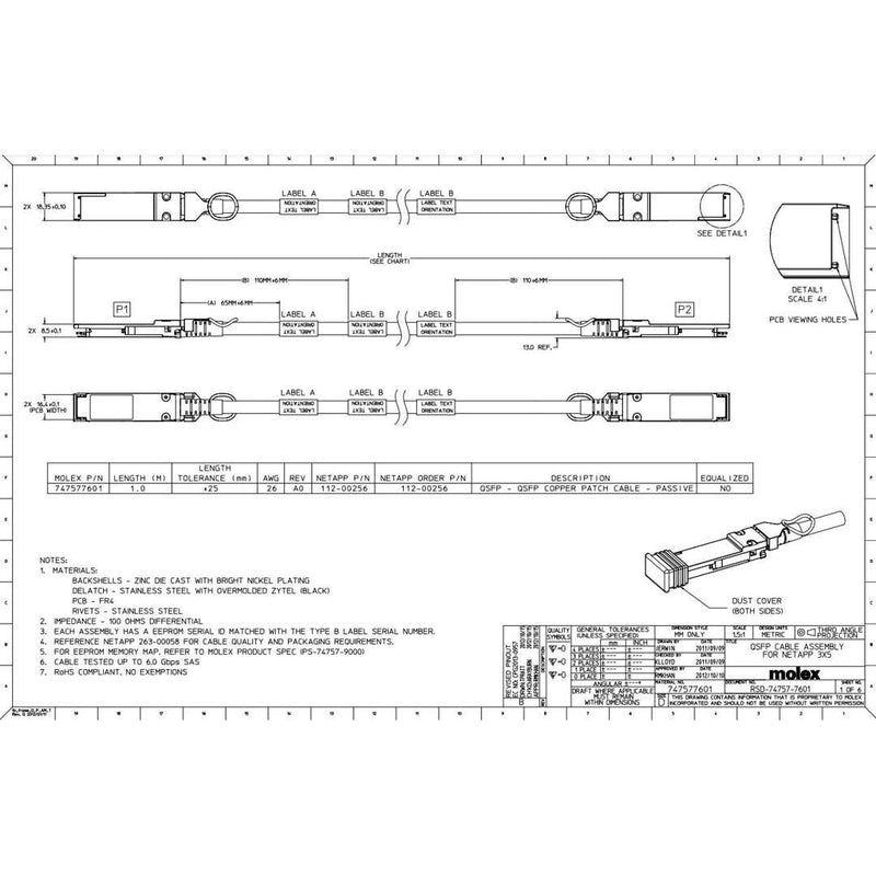 NetApp X6594-R6 - 1m Data Cable with Plug QSFP/QSFP | SAS Cntlr-Shelf/Shelf-Shelf/HA,
