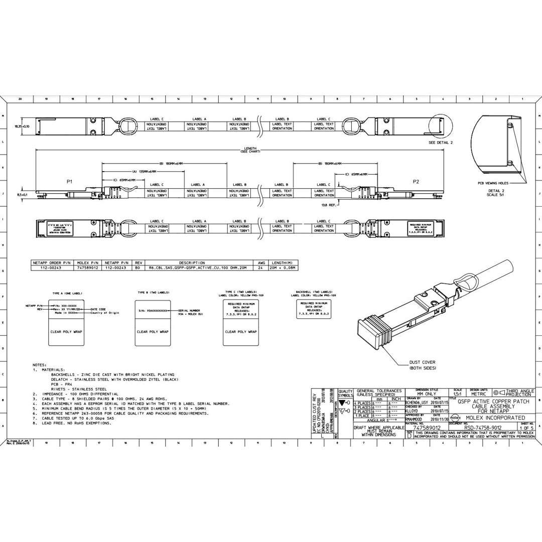 NetApp X6591-R6 - 20m Data Cable with Plug QSFP/QSFP | SAS Cntlr-Shelf/Shelf-Shelf, Active,