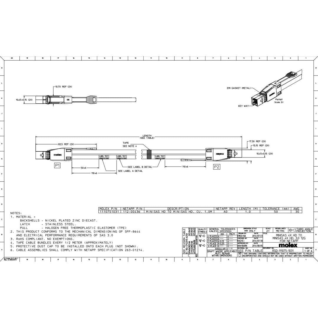 NetApp X-26004-00 - 1m Data Cable with Plug MiniSAS HD/MiniSAS HD | miniSAS HD-miniSAS HD, SAS3,